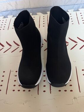 Alegria Black Knit Sock-Style Slip-On Sneakers with White Trim